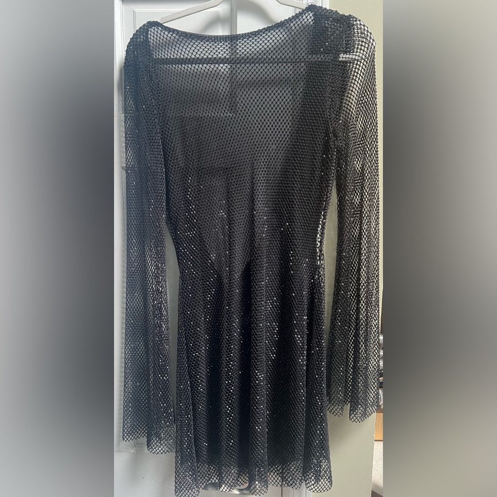 Samira Flare Sleeve Diamante Mesh Mini Dress - Black